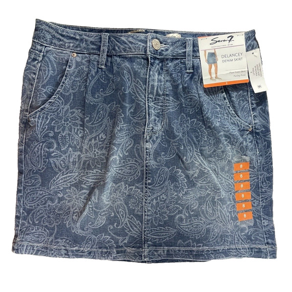 Seven 7 Womens Sz 14 Weekend Blue Jean Denim Stretch Mini Skirt Paisley Pattern - Picture 1 of 11